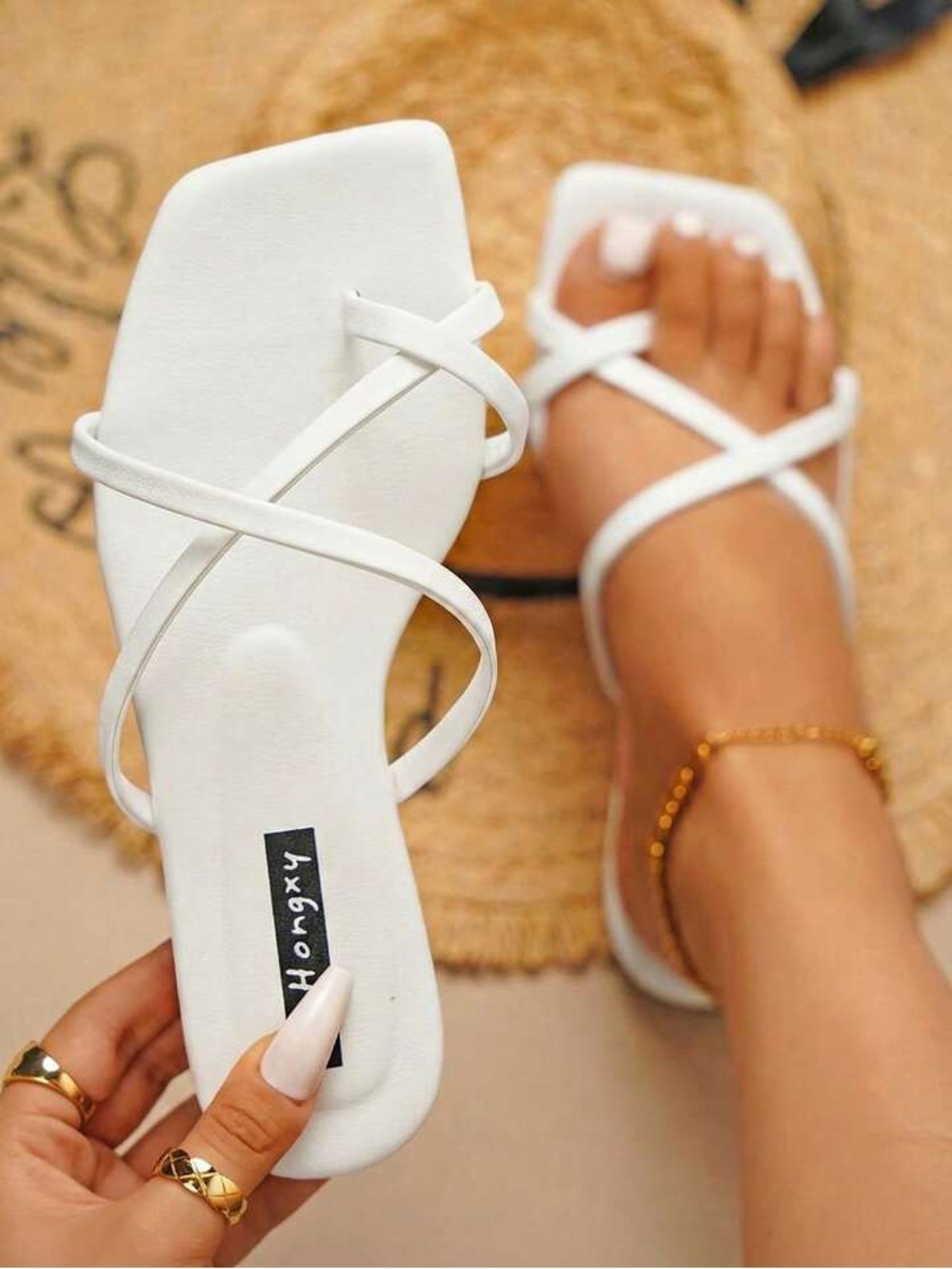 White Strappy Square-Toe Slide Sandals for Women